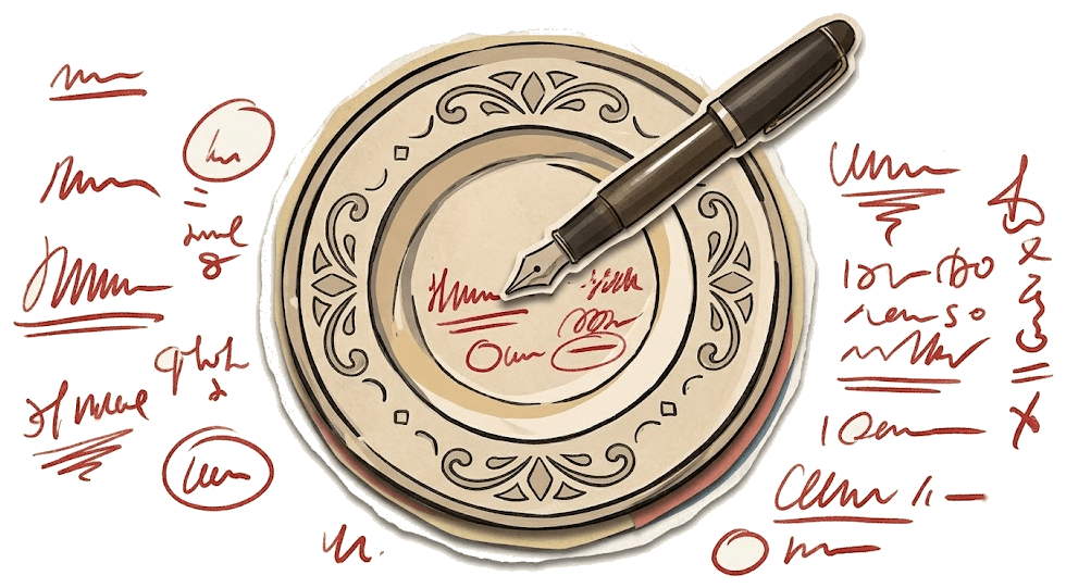 Fountain pen annotating variance onto a posted plate